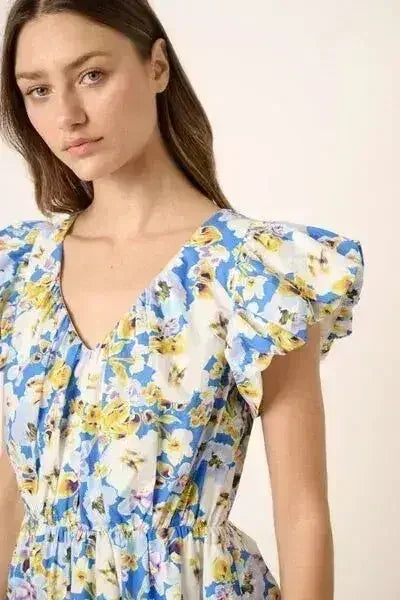 Mittoshop Floral V-Neck Cap Sleeve Mini Dress