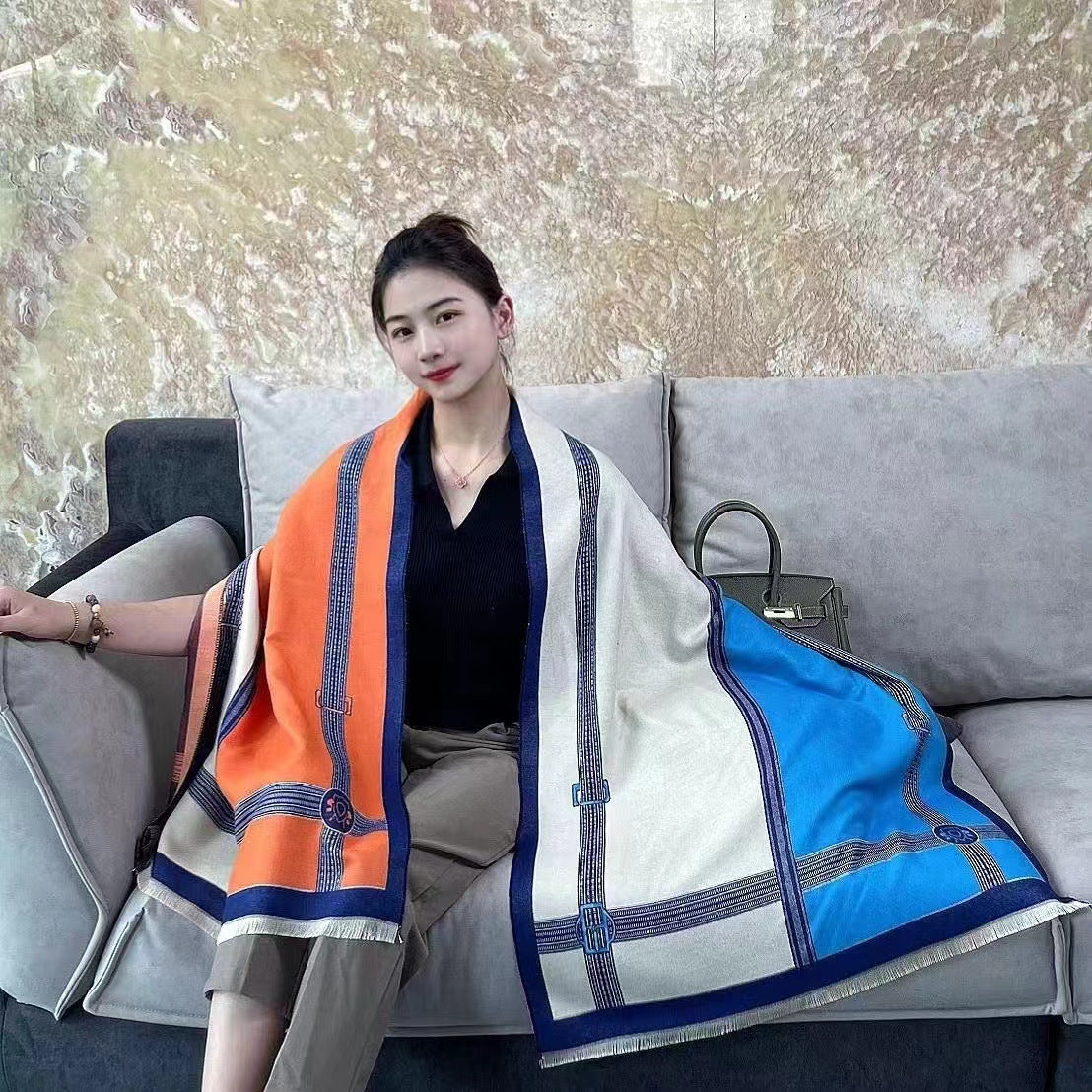 Korean Style Contrast Color Artificial Cashmere Scarf Women&