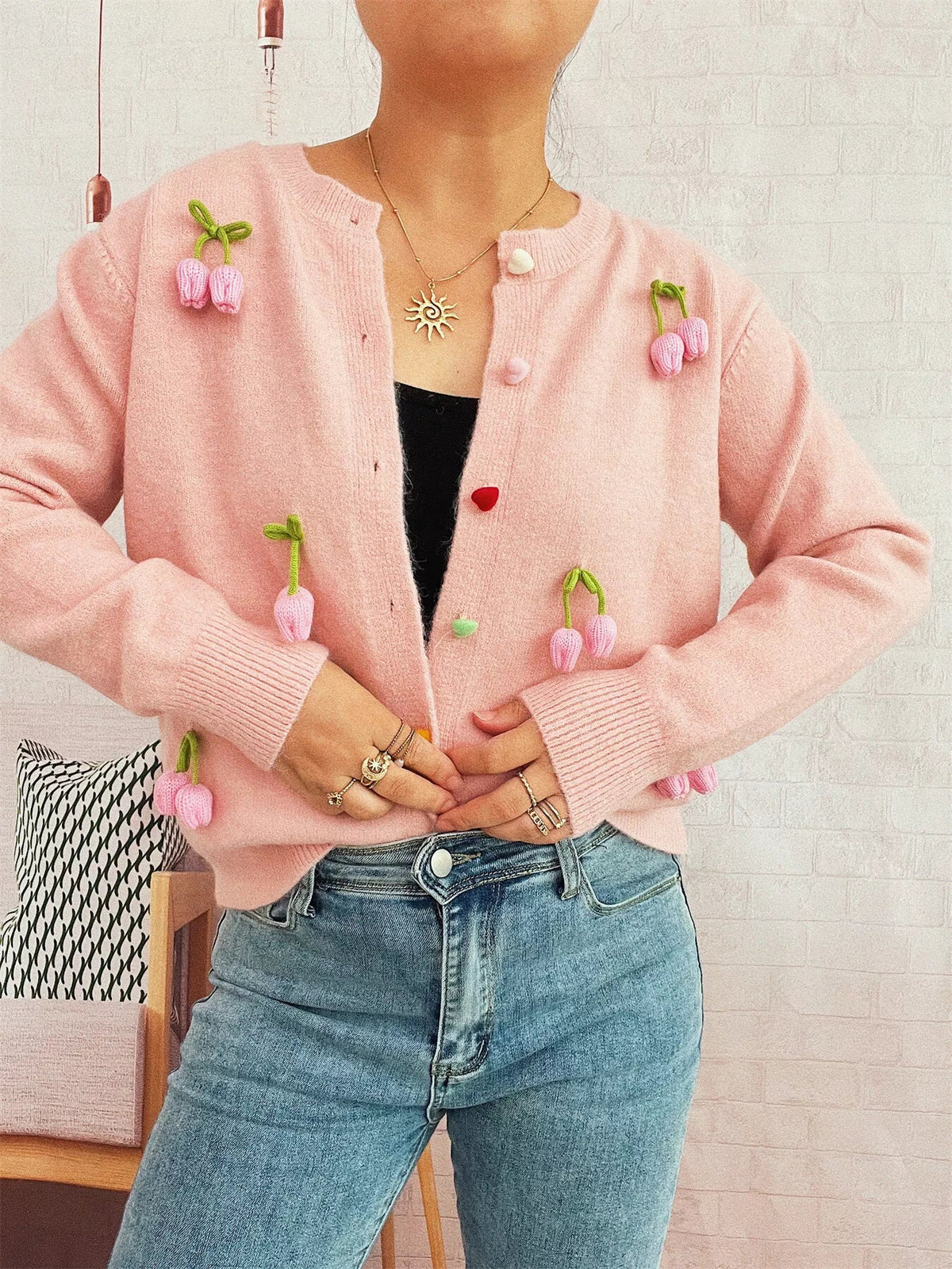 Flower Button Up Long Sleeve Cardigan