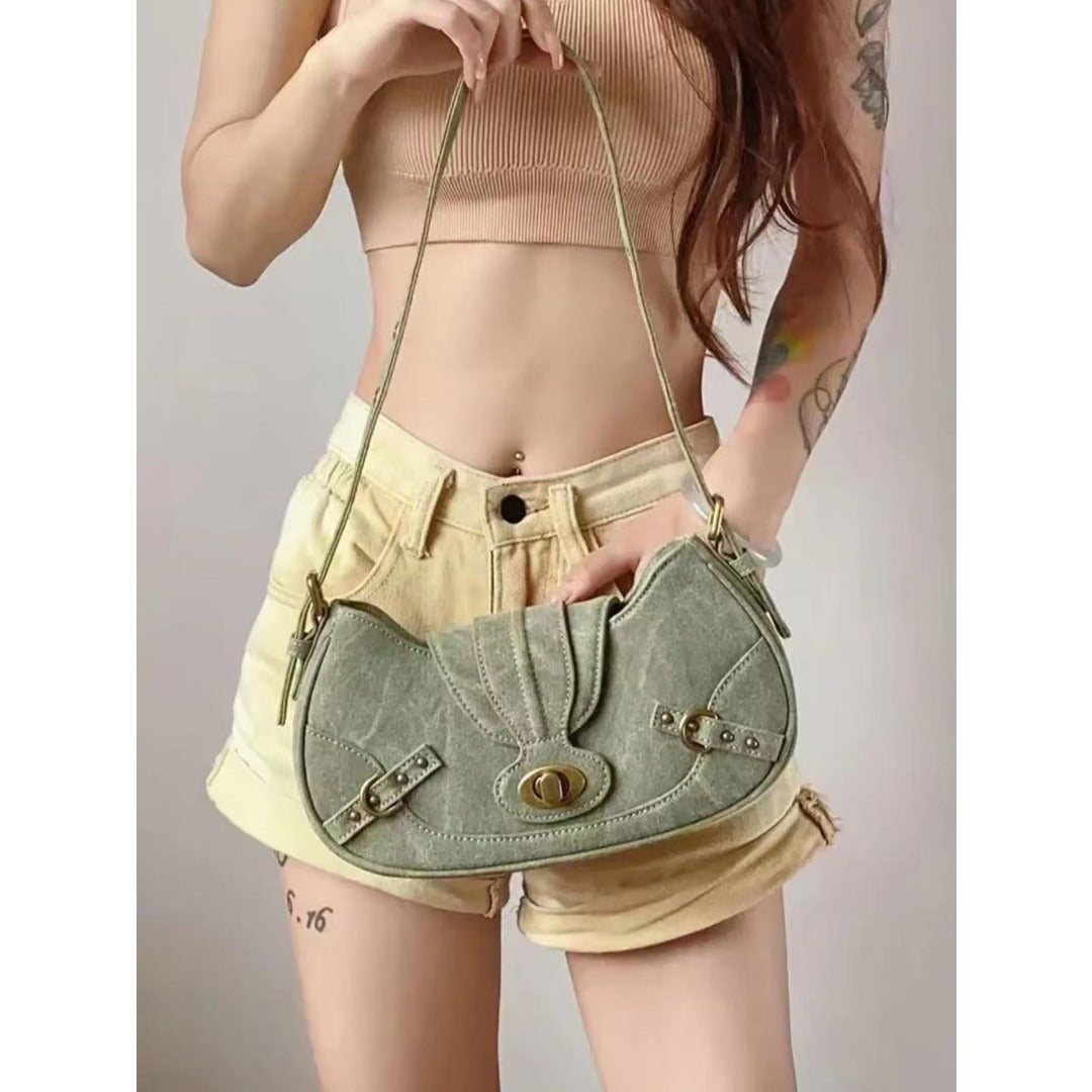 Vintage Army Green Splicing Armpit Bag – Stylish Small Shoulder Purse, Versatile Spring Spice Girl Bag & Handbag hobo