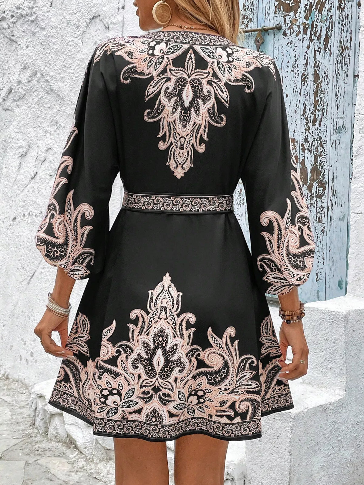 Printed Balloon Sleeve Mini Dress