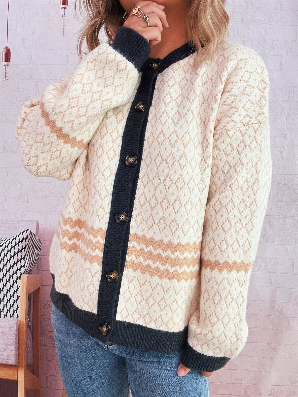 Geometric Pattern Button Up Cardigan