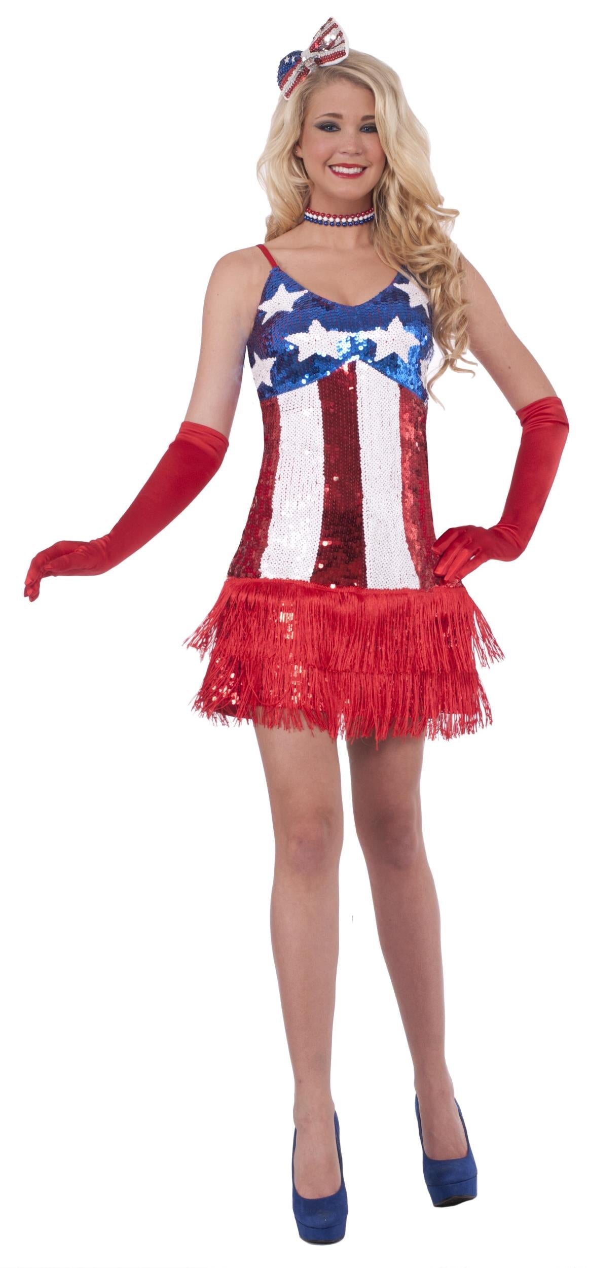 Patriotic Sparkle July 4th American Flag Sequin Flapper Costume Dress XS/S