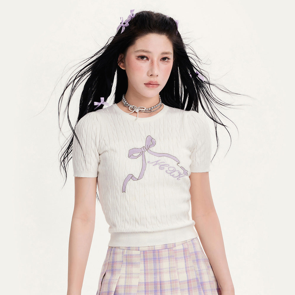 Bow Embroidered Hollow-Out Short Sweater