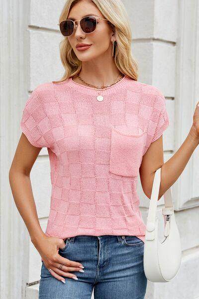 Checkered Round Neck Short Sleeve Knit Top for Women