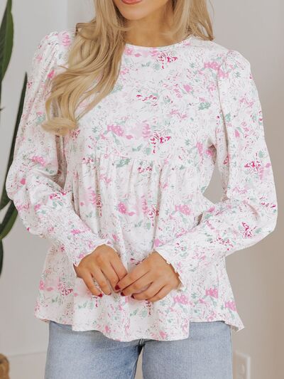 Printed Round Neck Long Sleeve Blouse