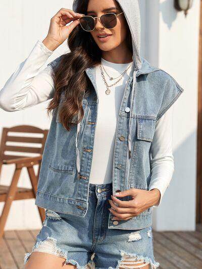 Drawstring Button Up Sleeveless Denim Jacket for Women