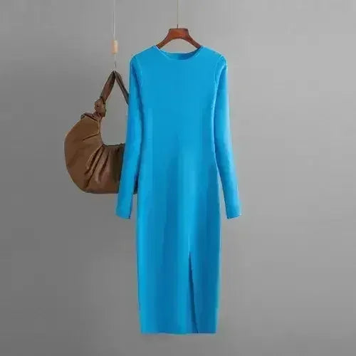 Autumn And Winter Long Sleeve Knitted Backless Round Neck Dress