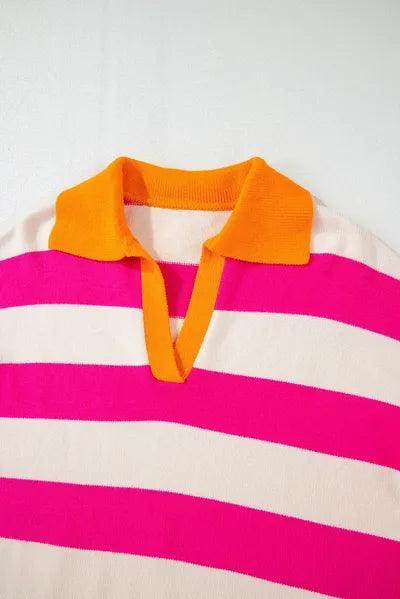 Contrast Stripes Johnny Collar Long Sleeve Sweater for Women