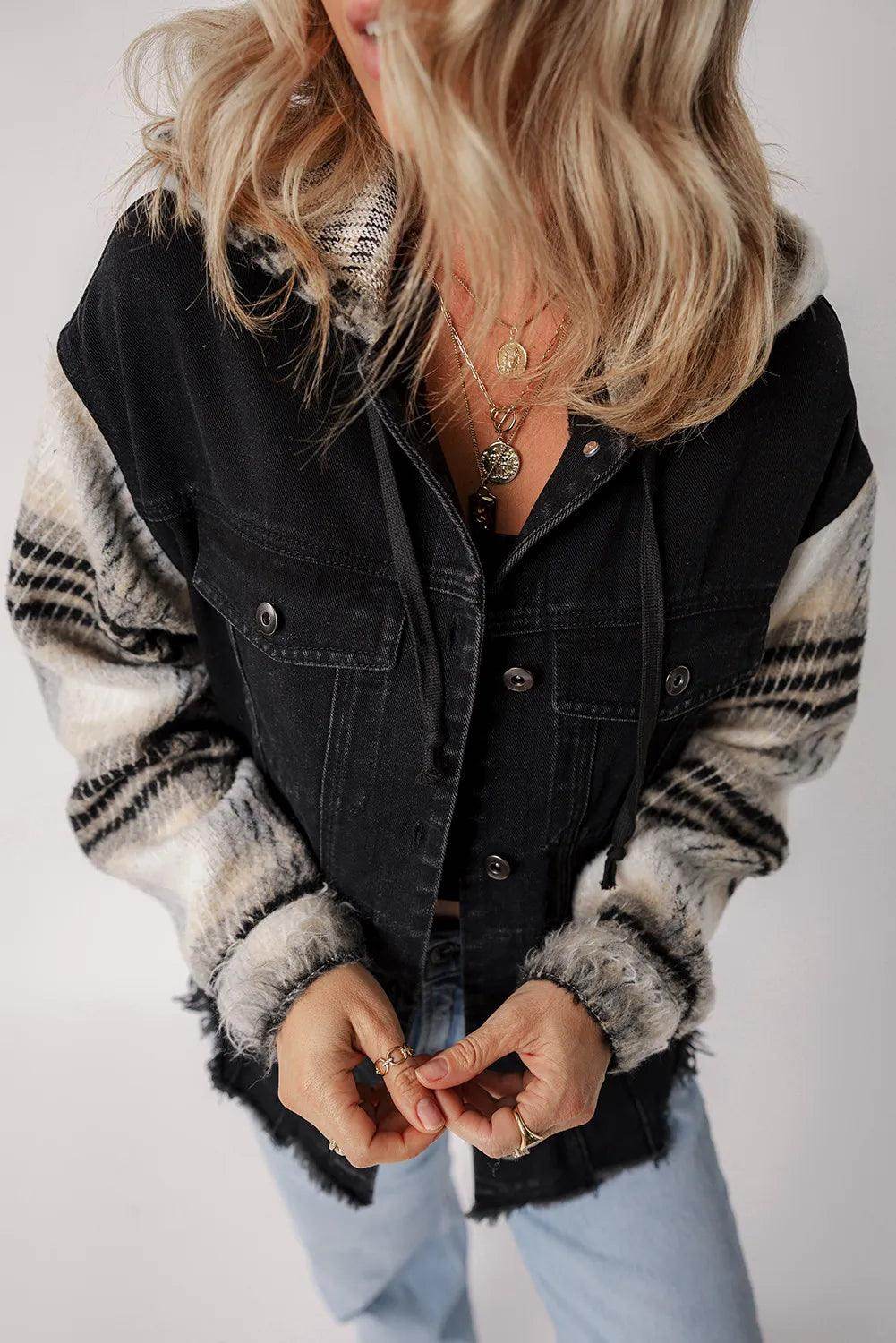 Drawstring Raw Hem Button Up Hooded Denim Jacket for Women
