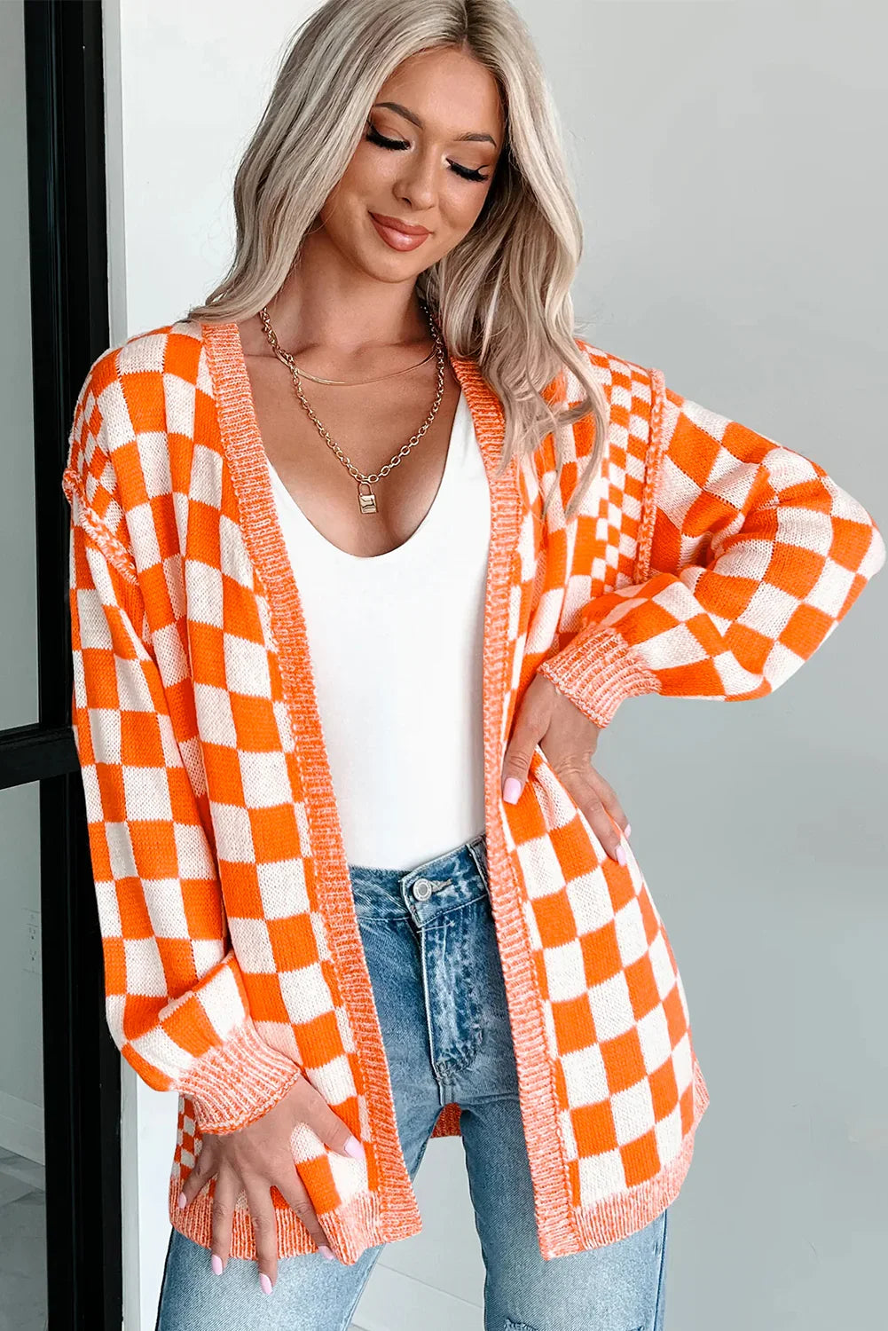 Orange Checkered Open Front Drop Shoulder Cardigan