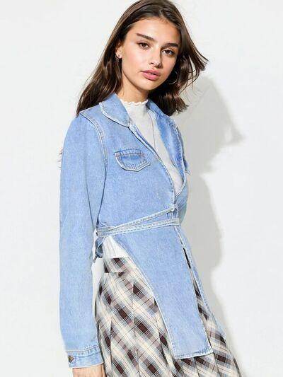 Asymmetric Slit Collared Neck Long Denim Top for Women