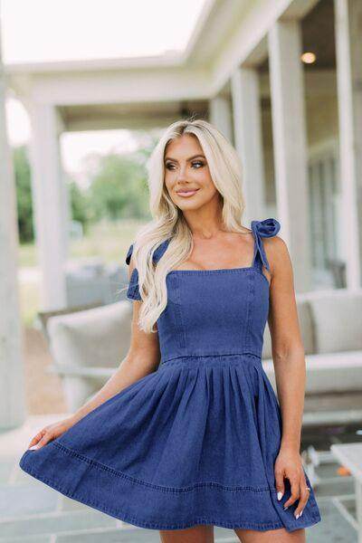 Square Neck Tie Shoulder Denim Dress for Women Fashion