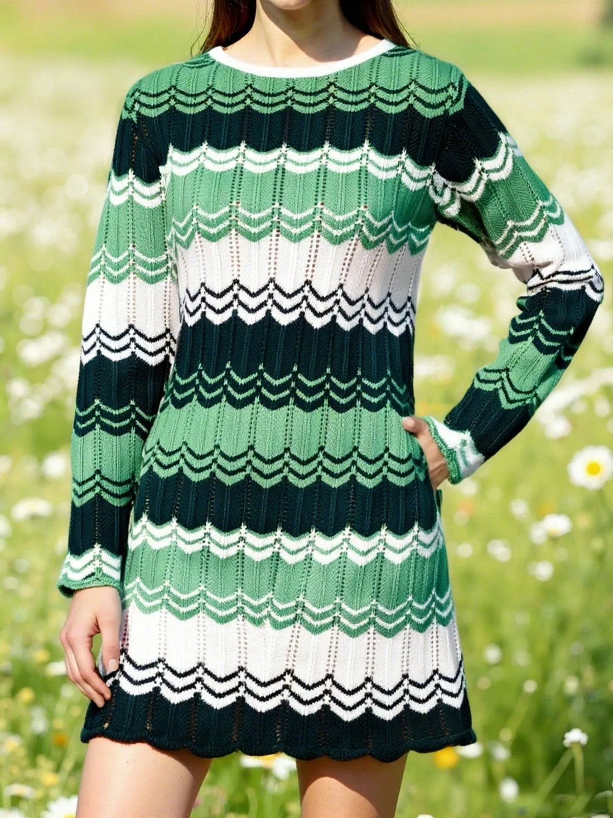 Openwork Wave Pattern Long Sleeve Sweater Dress