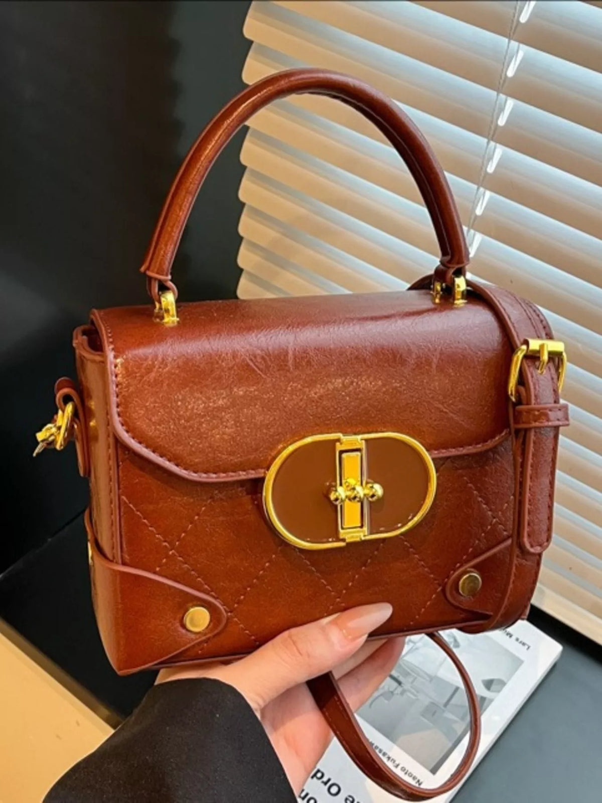 Quilted Pattern Top Handle Crossbody Bag