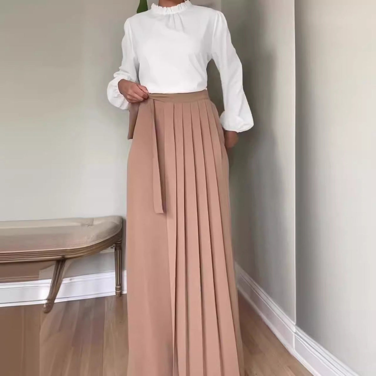 Womens Solid-Color Wide-Leg Pleated Pants With Ties