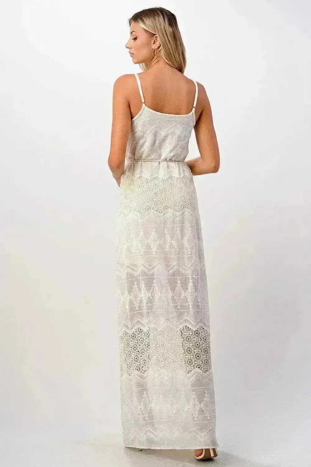 Boho Aztec Embroidered Maxi Dress Adjustable Straps - Femstylo