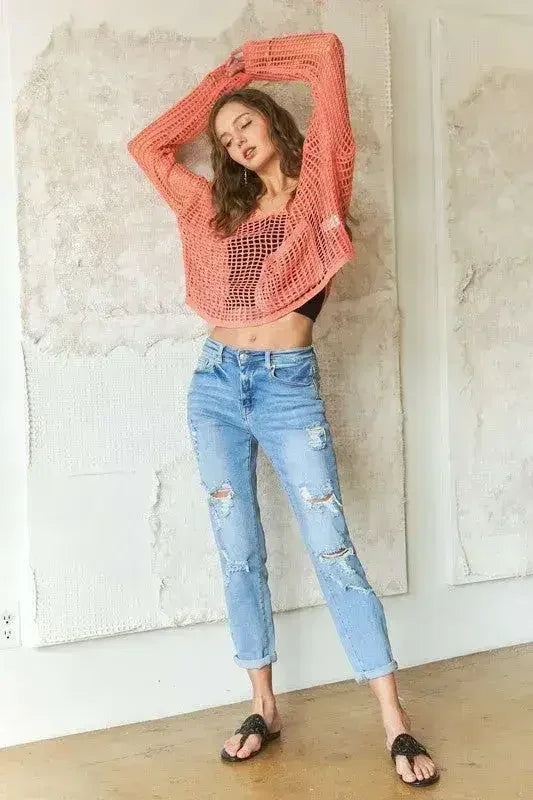 ADORA Crochet Long Sleeve Knit Cover Up with Big Pocket