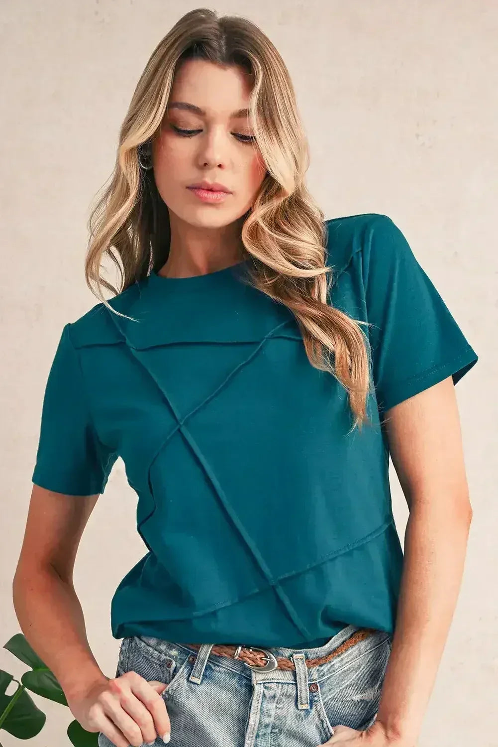 Dirty Blue Solid Color Round Neck T Shirt