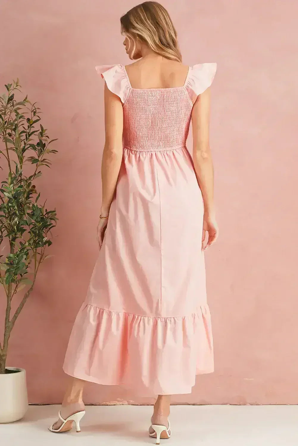 Black V Neck Flutter Sleeve Smocked Bodice High Waist Ruffle Maxi Dress