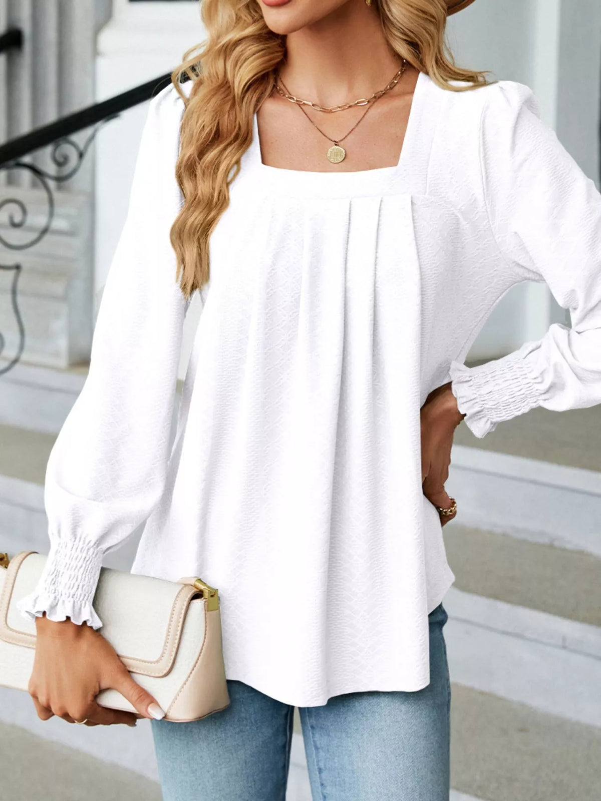 Pleated Square Neck Long Sleeve Top