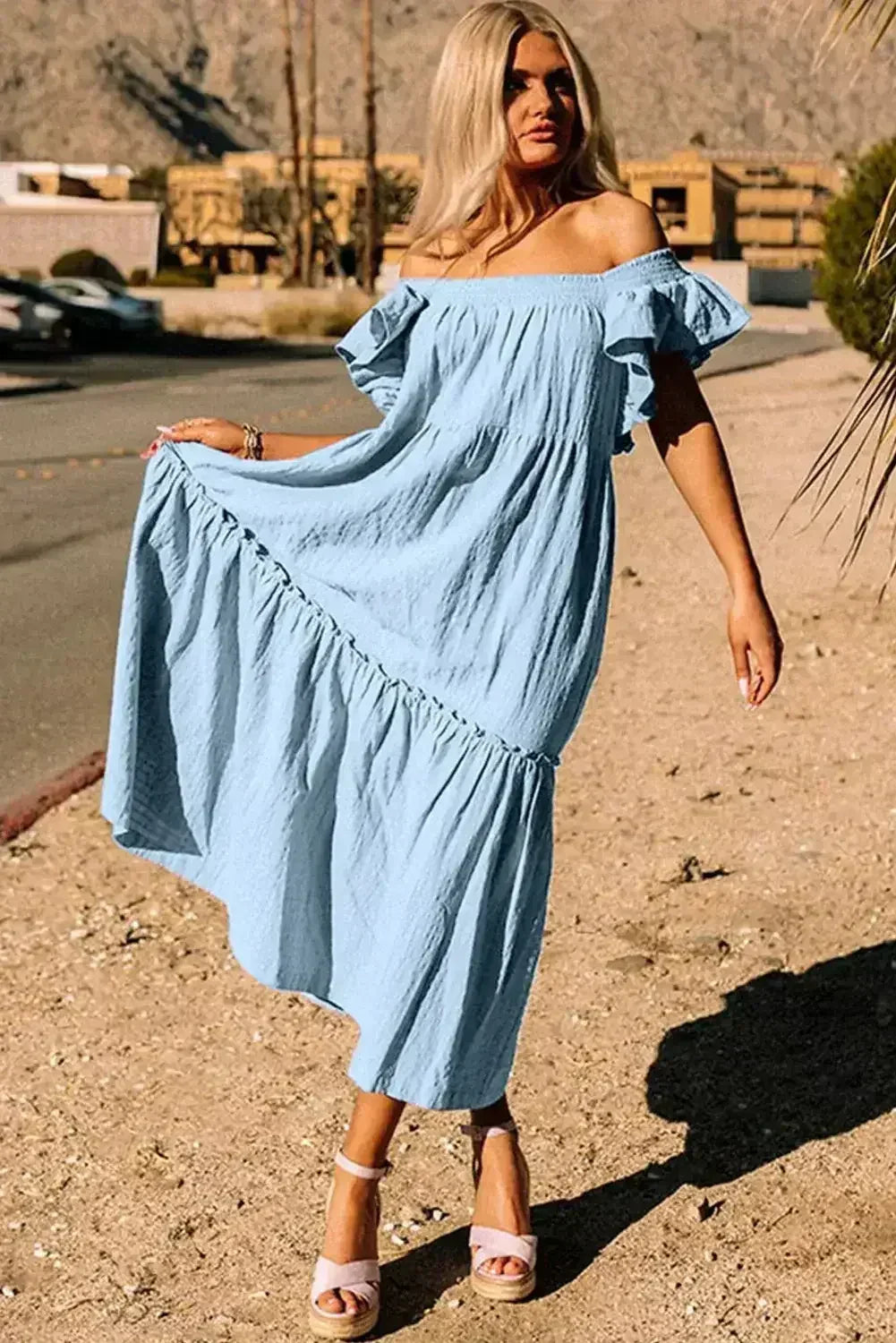 Purple Ruffled Flutter Sleeve Square Neck Textured Tiered Maxi Dress