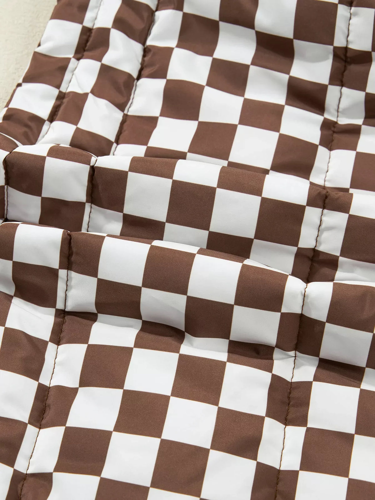 Double Checked Stand Collar Cropped Puffer Vest
