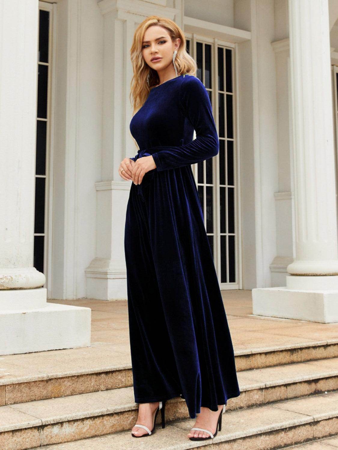 Tie Front Round Neck Long Sleeve Maxi Dress for Women
