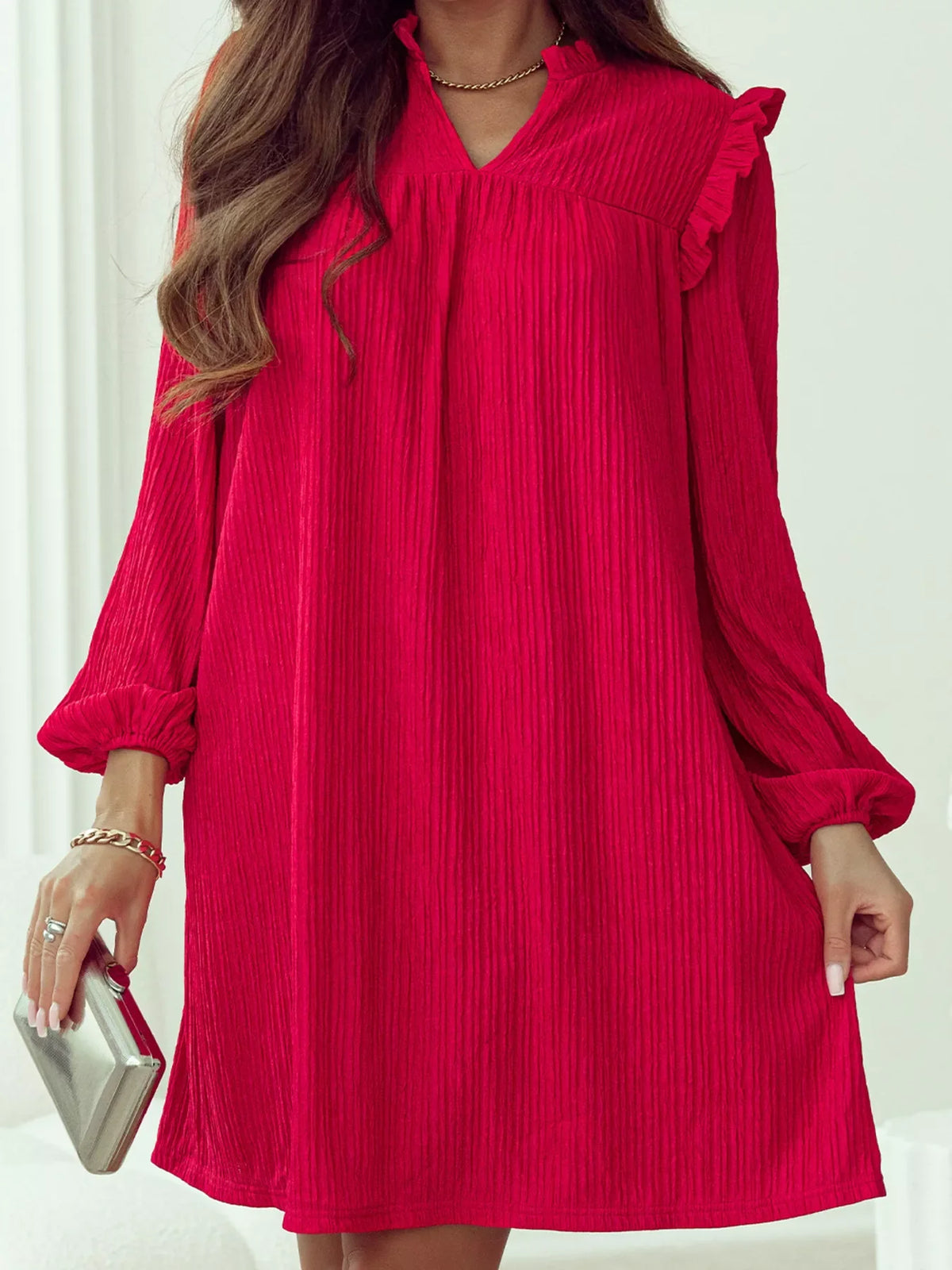 Textured Ruffled Trim Loose Fit Mini Dress