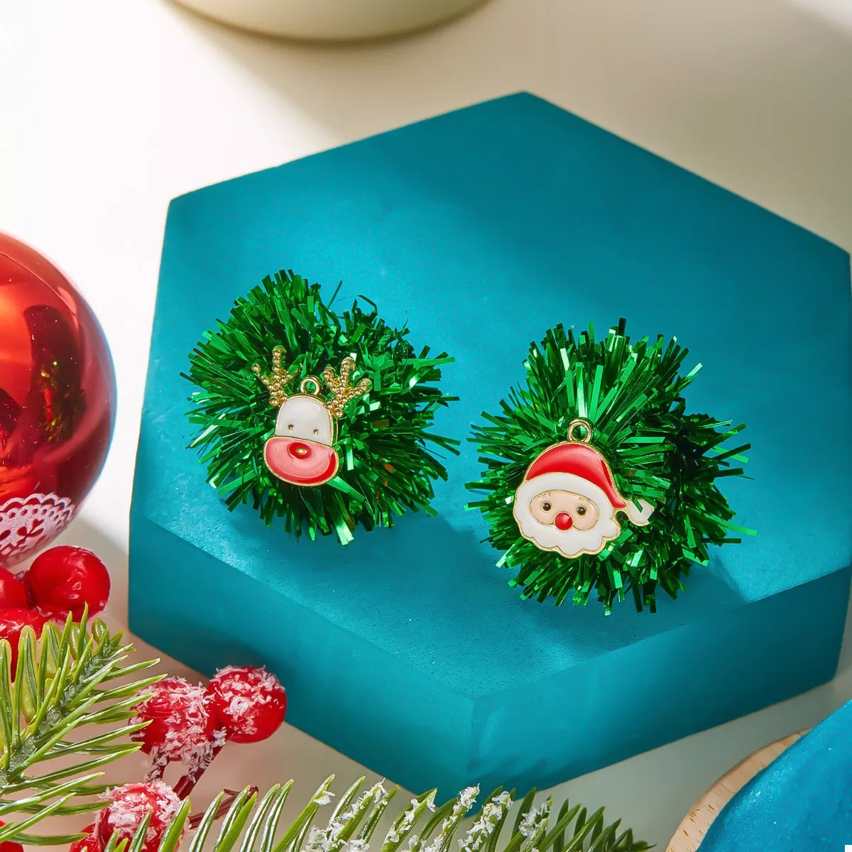 Christmas Asymmetrical Tinsel Ball Earrings
