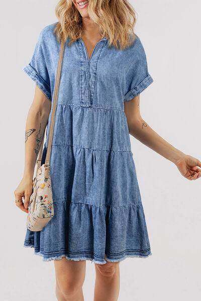 Raw Hem Collared Neck Short Sleeve Denim Dress for Women