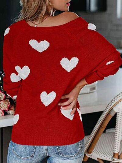 Heart Scoop Neck Long Sleeve Sweater for Women Cozy Style