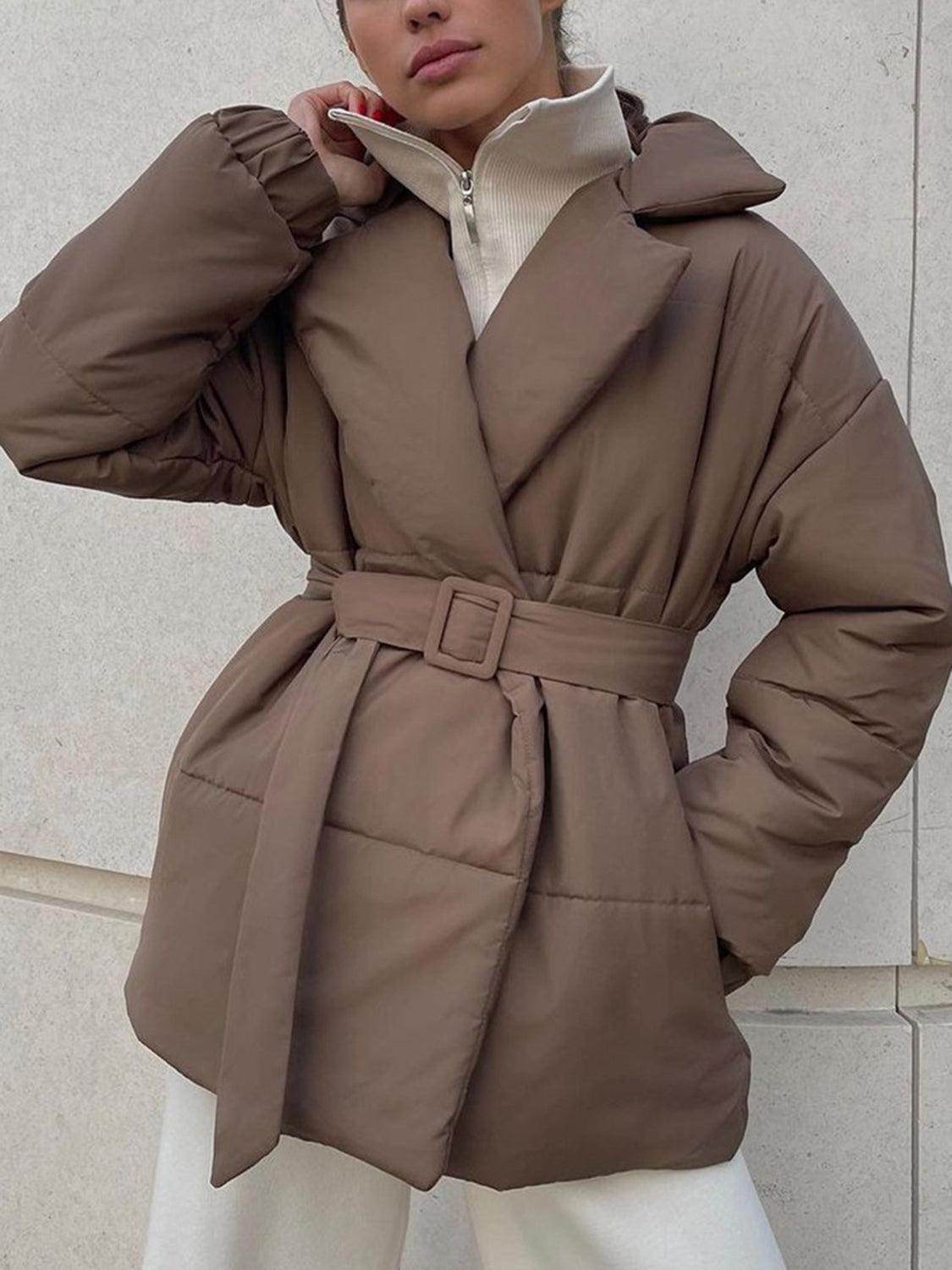 Puffer Long Sleeve Winter Coat with Belt for Women
