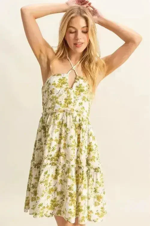 HYFVE Floral Halter Dress – Tiered Mini with Adjustable Ties