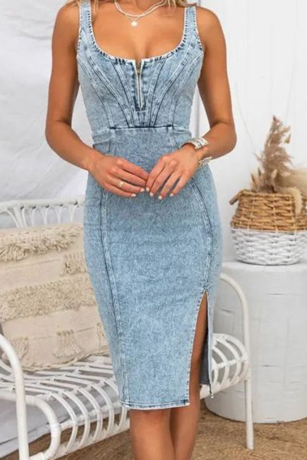 Side Slit Washed Scoop Neck Denim Dress