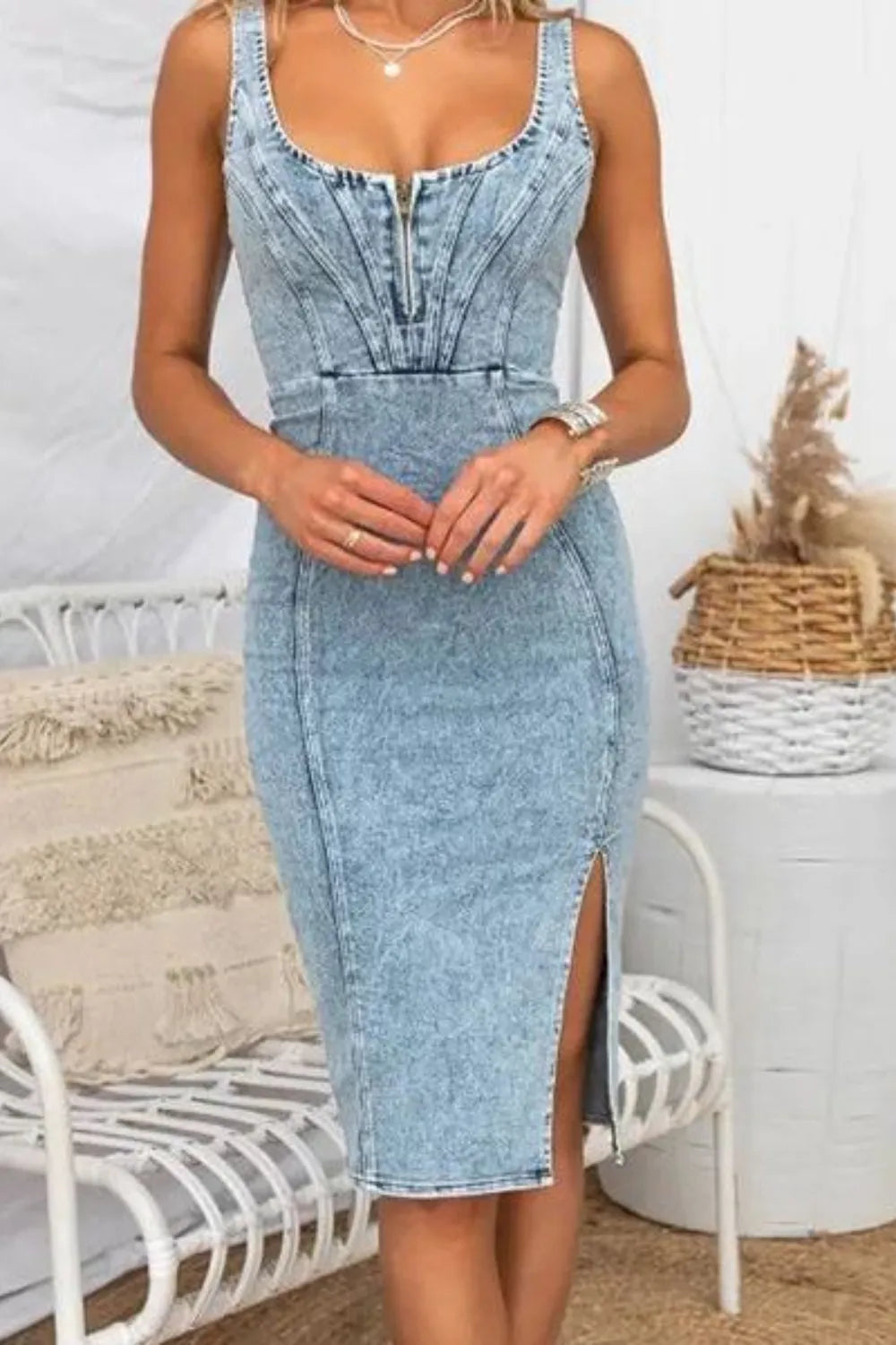 Side Slit Washed Scoop Neck Denim Dress