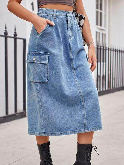Slit Buttoned Denim Skirt with Pockets for Women