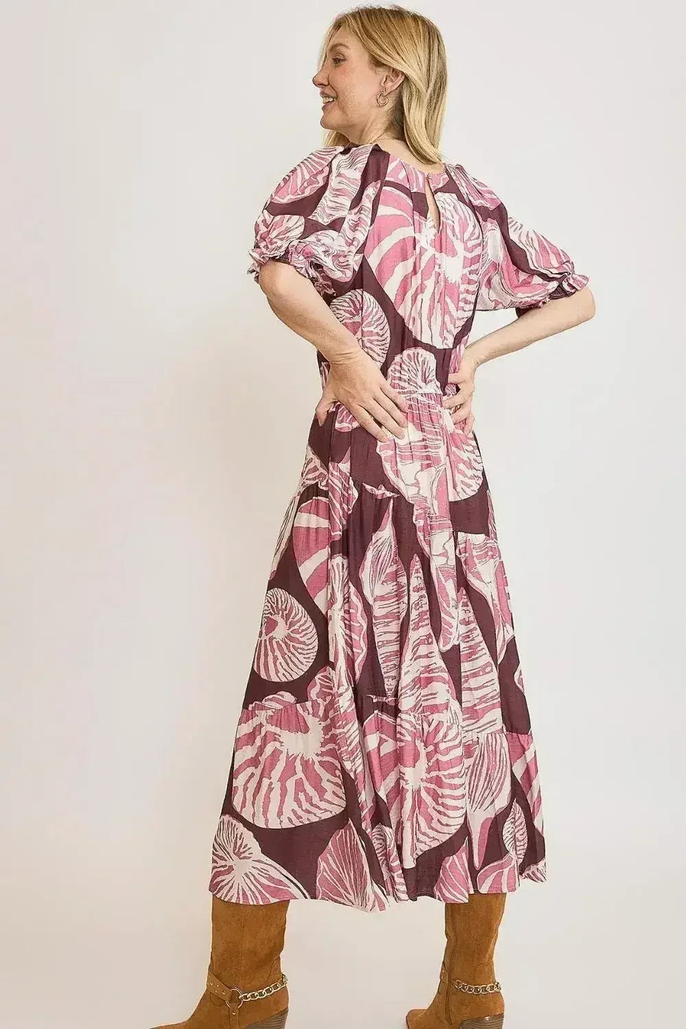 Umgee Full Size Printed Notched Puff Sleeve Midi Dress Plus Size