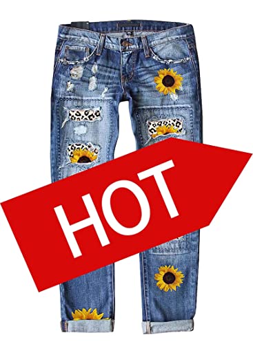 American Flag Pants - Astylish Womens Plaid Patch Ripped Boyfriend Distressed Stretch Skinny Denim Jeans with Hole