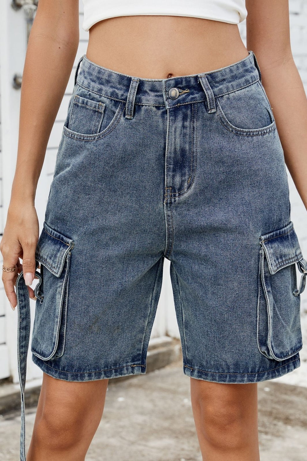 Washed Cargo Denim Shorts