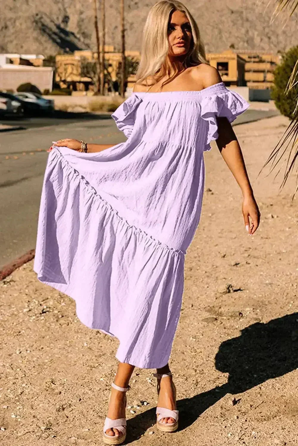 Purple Ruffled Flutter Sleeve Square Neck Textured Tiered Maxi Dress