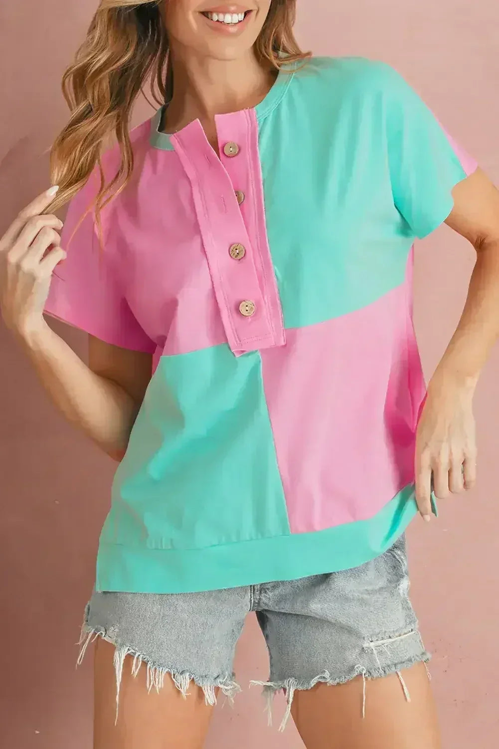 Mint Green Colorblock Half Buttons Henley T Shirt