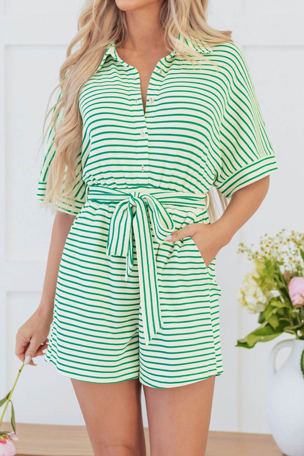 Striped Half Sleeve Tie Waist Romper