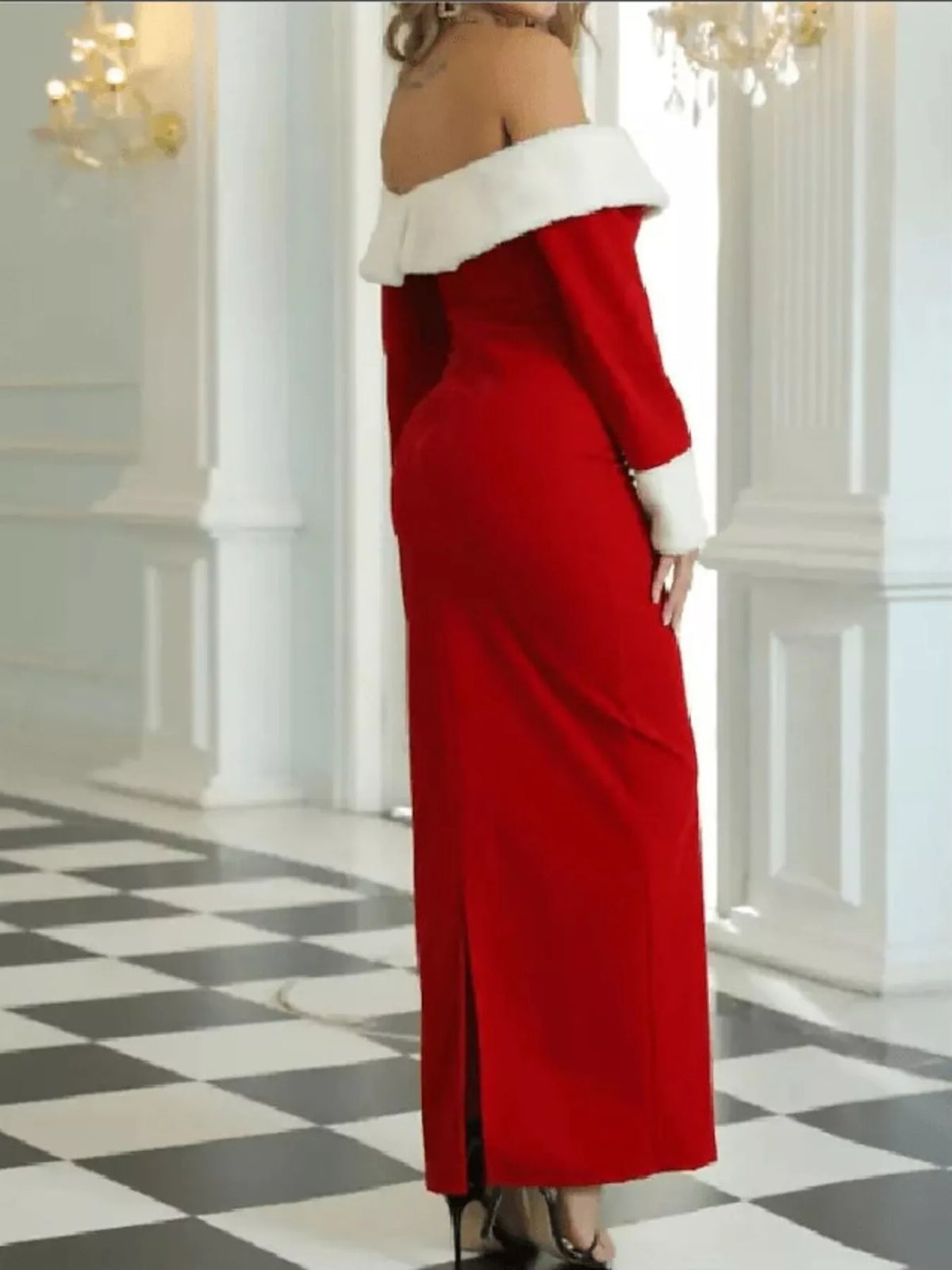 Off-Shoulder Long Sleeve Christmas Maxi Dress