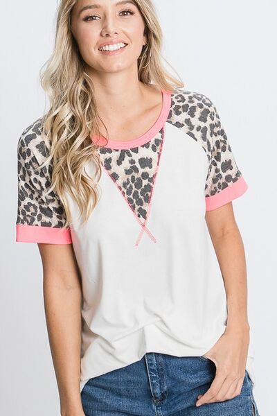HeimishFull Size Leopard Round Neck Short Sleeve T-Shirt with Stitch Plus Size