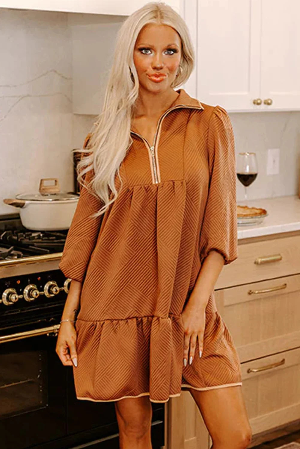 Desert Gold Quarter Zip Collar Bracelet Sleeve Textured Mini Dress