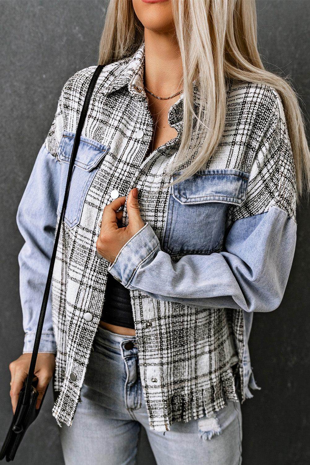 Plaid Pocketed Snap Down Denim Jacket for Stylish Comfort