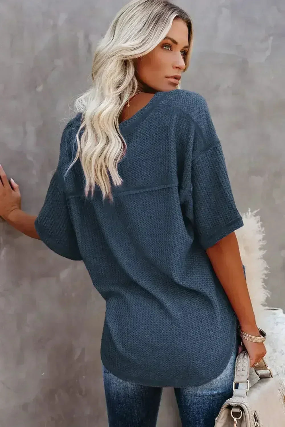 Blue Exposed Seam Drop Sleeve V Neck Waffle Textured Top