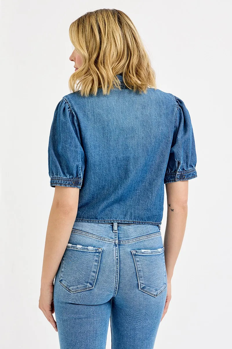 RISEN Button Down Puff Sleeve Crop Denim Shirt