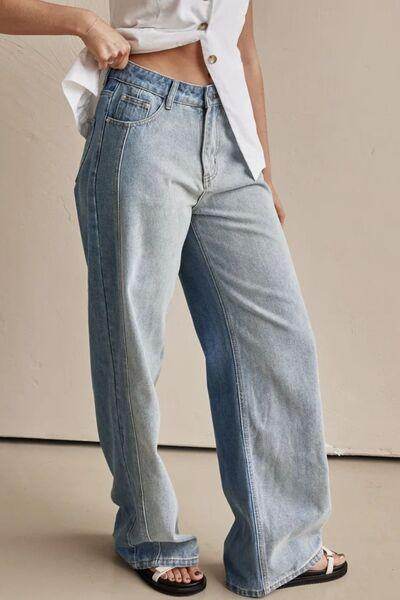 Contrast Straight Leg Jeans with Pockets for Women